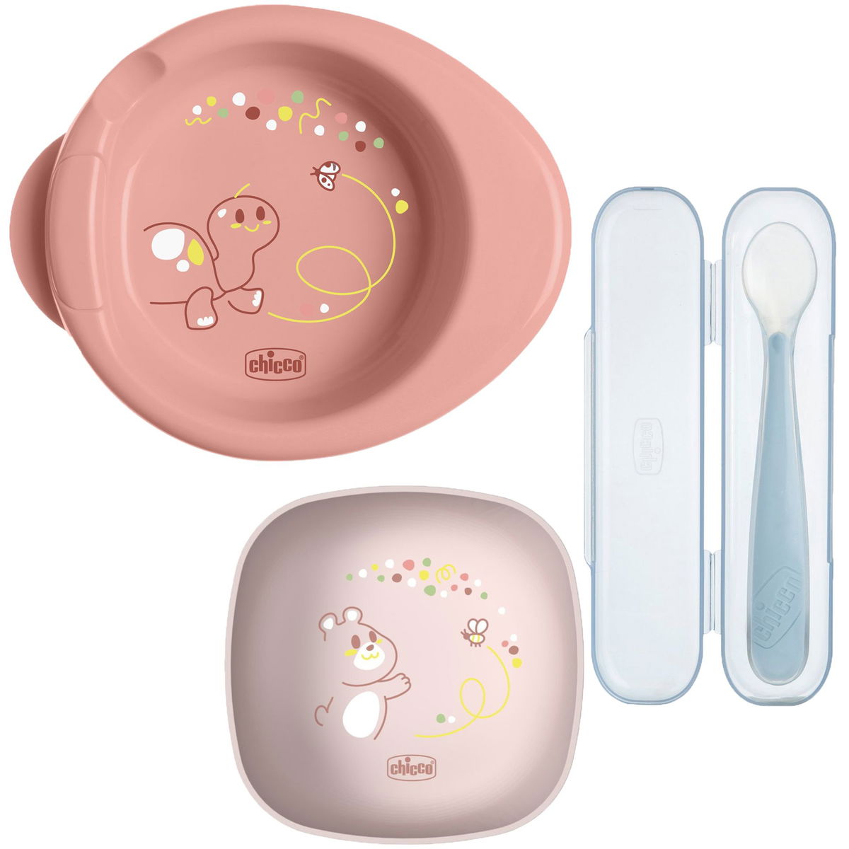 Baby Essgeschirr Set mit rosa Teller, Schale und Löffel im E