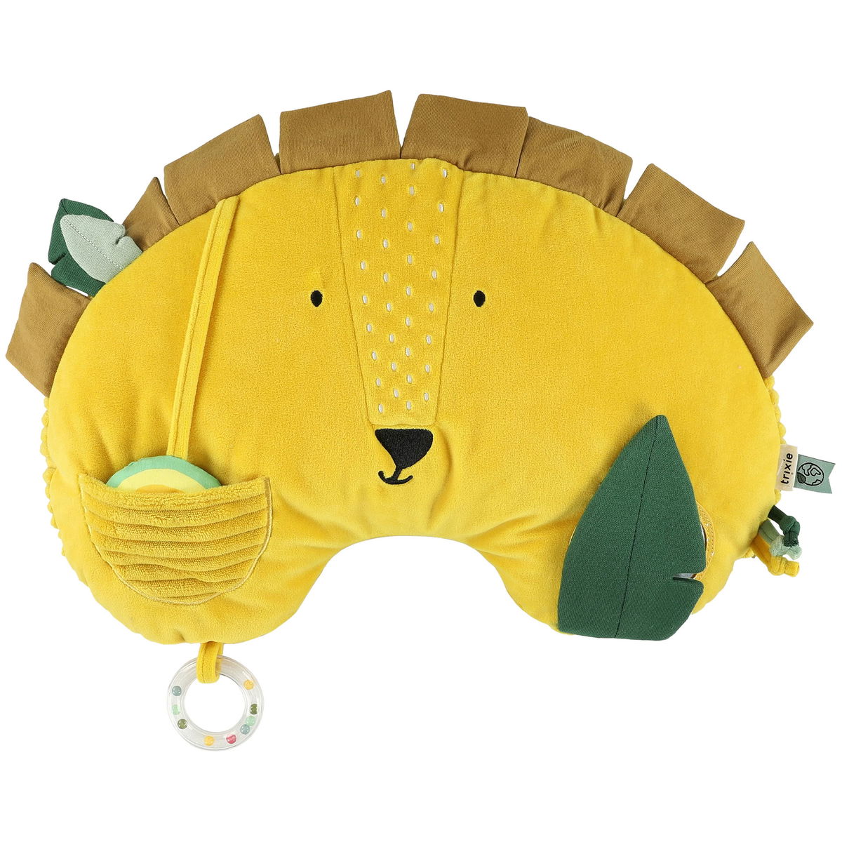 Gelbes Babykissen in Löwenform, Detail mit Spielringen und B