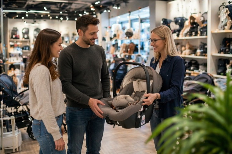 Beratungssituation in einem modernen Babyfachgesch&auml;ft