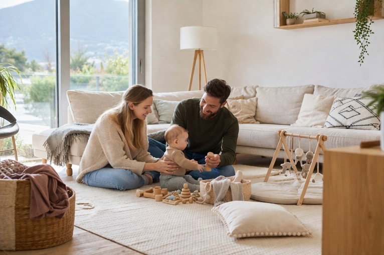Ruhige Familienszene in einer hellen modernen Wohnung mit Baby im Alltag